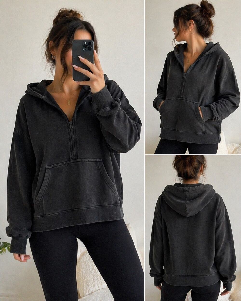 OFFLINE by Aerie Black Quarter Zip Hoodie Pullover Large L Athleisure